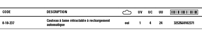 Code,Description, ,UV,UC,UU, ,0-10-237,Couteau à lame rétractable à rechargement automatique ,oui,1,4,24,3253560102371