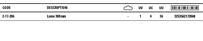 Code,Description, ,UV,UC,UU, ,2-17-206,Lame 300 mm,-,1,4,36,3253562172068