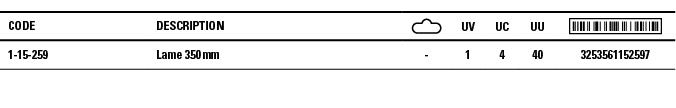 Code,Description, ,UV,UC,UU, ,1-15-259,Lame 350 mm,-,1,4,40,3253561152597