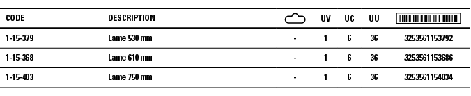 Code,Description, ,UV,UC,UU, ,1-15-379,Lame 530 mm,-,1,6,36,3253561153792,1-15-368,Lame 610 mm,-,1,6,36,3253561153686   
