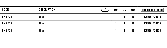 Code,Description, ,UV,UC,UU, ,1-42-421,40 cm,-,1,1,16,3253561424212,1-42-422,50 cm,-,1,1,16,3253561424229,1-42-423,60   