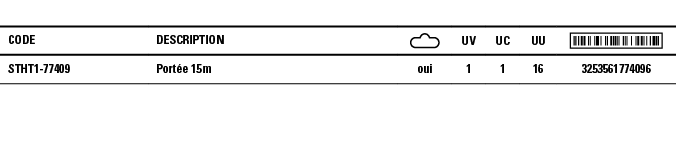 Code,Description, ,UV,UC,UU, ,STHT1-77409,Portée 15 m,oui,1,1,16,3253561774096