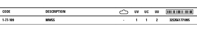 Code,Description, ,UV,UC,UU, ,1-77-109,MW55,-,1,1,2,3253561771095