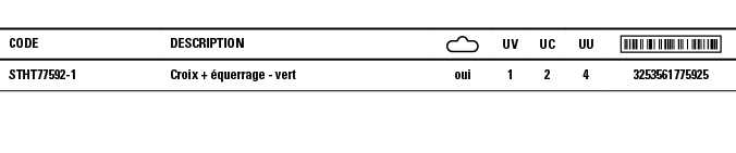 Code,Description, ,UV,UC,UU, ,STHT77592-1,Croix + équerrage - vert,oui,1,2,4,3253561775925