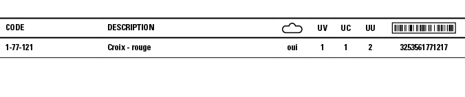 Code,Description, ,UV,UC,UU, ,1-77-121,Croix - rouge,oui,1,1,2,3253561771217