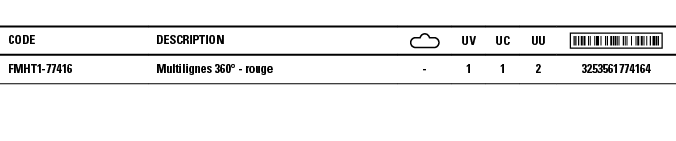 Code,Description, ,UV,UC,UU, ,FMHT1-77416,Multilignes 360  - rouge,-,1,1,2,3253561774164