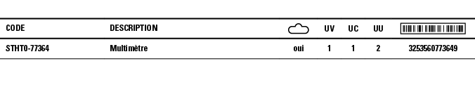 Code,Description, ,UV,UC,UU, ,STHT0-77364,Multimètre,oui,1,1,2,3253560773649