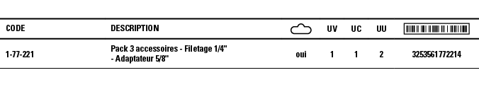 Code,Description, ,UV,UC,UU, ,1-77-221,Pack 3 accessoires - Filetage 1 4   - Adaptateur 5 8  ,oui,1,1,2,3253561772214
