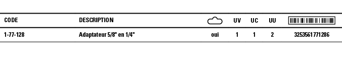 Code,Description, ,UV,UC,UU, ,1-77-128,Adaptateur 5 8   en 1 4  ,oui,1,1,2,3253561771286