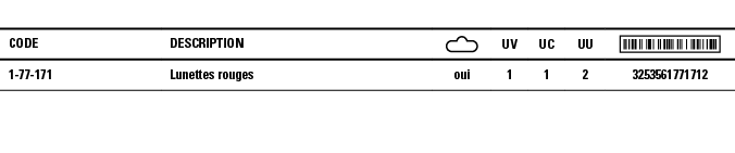 Code,Description, ,UV,UC,UU, ,1-77-171,Lunettes rouges,oui,1,1,2,3253561771712