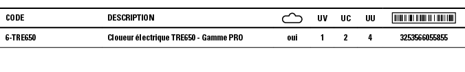 Code,Description, ,UV,UC,UU, ,6-TRE650,Cloueur électrique TRE650 - Gamme PRO,oui,1,2,4,3253566055855