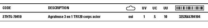 Code,Description, ,UV,UC,UU, ,STHT6-70410,Agrafeuse 3 en 1 TR120 corps acier,oui,1,5,10,3253566704104