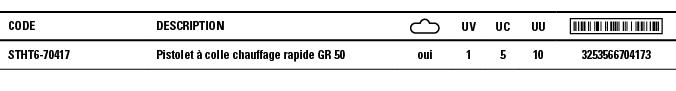 Code,Description, ,UV,UC,UU, ,STHT6-70417,Pistolet à colle chauffage rapide GR 50,oui,1,5,10,3253566704173