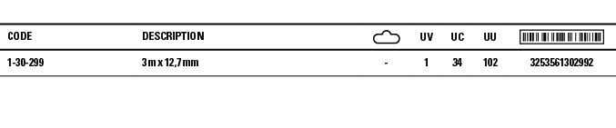 Code,Description, ,UV,UC,UU, ,1-30-299,3 m x 12,7 mm,-,1,34,102,3253561302992