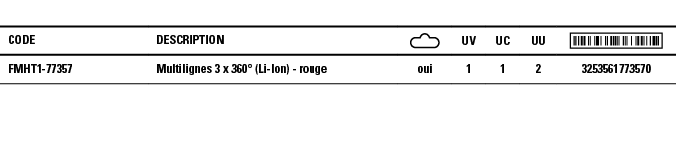 Code,Description, ,UV,UC,UU, ,FMHT1-77357,Multilignes 3 x 360  (Li-Ion) - rouge,oui,1,1,2,3253561773570
