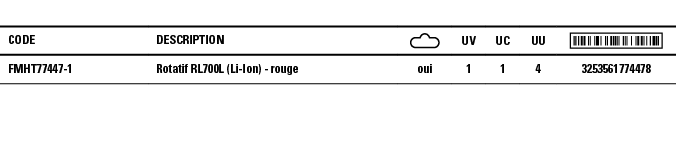 Code,Description, ,UV,UC,UU, ,FMHT77447-1,Rotatif RL700L (Li-Ion) - rouge,oui,1,1,4,3253561774478