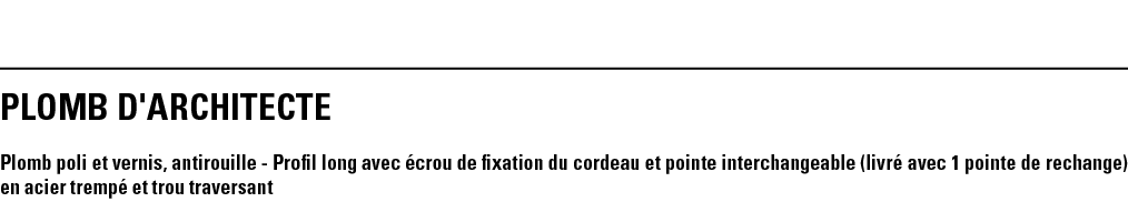 PLOMB D'ARCHITECTE Plomb poli et vernis, antirouille - Profil long avec écrou de fixation du cordeau et pointe interc   