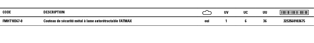 Code,Description, ,UV,UC,UU, ,FMHT10367-0 ,Couteau de sécurité métal à lame autorétractable FATMAX,oui,1,6,36,3253560   