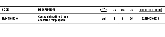 Code,Description, ,UV,UC,UU, ,FMHT10373-0,Couteau bimatière à lame encastrée remplaçable,oui,1,6,36,3253560103736