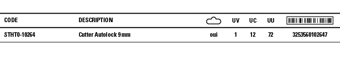 Code,Description, ,UV,UC,UU, ,STHT0-10264,Cutter Autolock 9 mm,oui,1,12,72,3253560102647