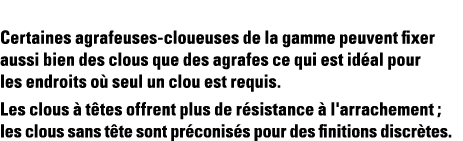 Certaines agrafeuses-cloueuses de la gamme peuvent fixer aussi bien des clous que des agrafes ce qui est idéal pour l   