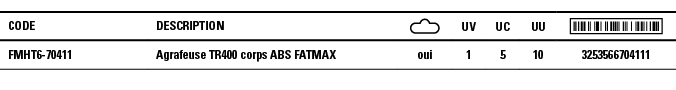 Code,Description, ,UV,UC,UU, ,FMHT6-70411,Agrafeuse TR400 corps ABS FATMAX,oui,1,5,10,3253566704111