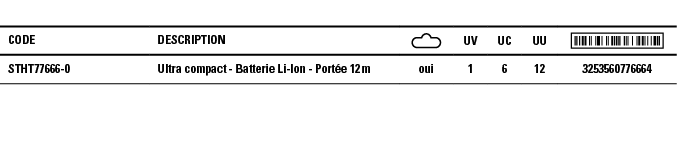 Code,Description, ,UV,UC,UU, ,STHT77666-0,Ultra compact - Batterie Li-Ion - Portée 12 m,oui,1,6,12,3253560776664