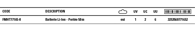 Code,Description, ,UV,UC,UU, ,FMHT77165-0,Batterie Li-Ion - Portée 50 m,oui,1,2,6,3253560771652
