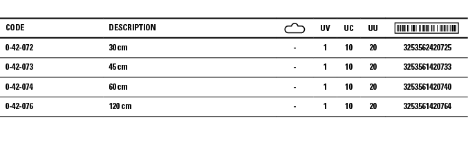 Code,Description, ,UV,UC,UU, ,0-42-072,30 cm,-,1,10,20, 3253562420725 ,0-42-073,45 cm,-,1,10,20, 3253561420733 ,0-42-   