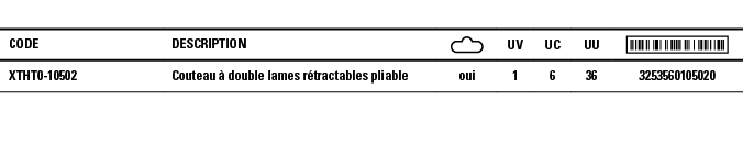 Code,Description, ,UV,UC,UU, ,XTHT0-10502 ,Couteau à double lames rétractables pliable,oui,1,6,36,3253560105020