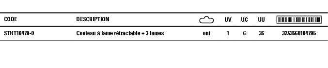 Code,Description, ,UV,UC,UU, ,STHT10479-0,Couteau à lame rétractable + 3 lames,oui,1,6,36,3253560104795