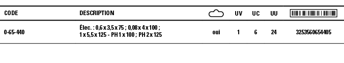 Code,Description, ,UV,UC,UU, ,0-65-440,Élec  : 0,6 x 3,5 x 75 ; 0,08 x 4 x 100 ; 1 x 5,5 x 125 - PH 1 x 100 ; PH 2 x    