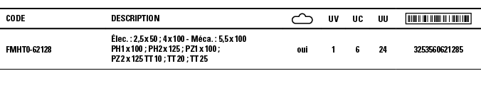 Code,Description, ,UV,UC,UU, ,FMHT0-62128,Élec  : 2,5 x 50 ; 4 x 100 - Méca  : 5,5 x 100 PH1 x 100 ; PH2 x 125 ; PZ1    