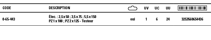 Code,Description, ,UV,UC,UU, ,0-65-443,Élec  : 2,5 x 50 ; 3,5 x 75 ; 5,5 x 150 PZ 1 x 100 ; PZ 2 x 125 - Testeur,oui,   