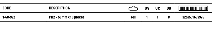 Code,Description, ,UV,UC,UU, ,1-68-992,PH2 - 50 mm x 10 pièces,oui,1,1,8,3253561689925