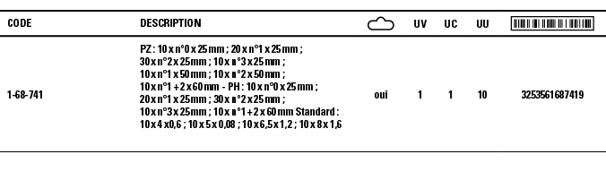 Code,Description, ,UV,UC,UU, ,1-68-741,PZ : 10 x n 0 x 25 mm ; 20 x n 1 x 25 mm ; 30 x n 2 x 25 mm ; 10 x n 3 x 25 mm   