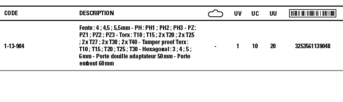 Code,Description, ,UV,UC,UU, ,1-13-904,Fente : 4 ; 4,5 ; 5,5 mm - PH : PH1 ; PH2 ; PH3 - PZ : PZ1 ; PZ2 ; PZ3 - Torx    