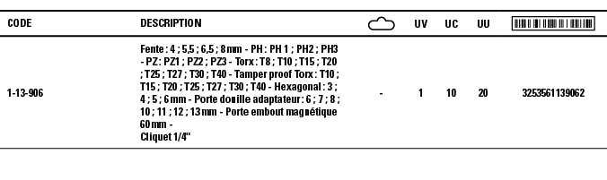 Code,Description, ,UV,UC,UU, ,1-13-906,Fente : 4 ; 5,5 ; 6,5 ; 8 mm - PH : PH 1 ; PH2 ; PH3 - PZ : PZ1 ; PZ2 ; PZ3 -    