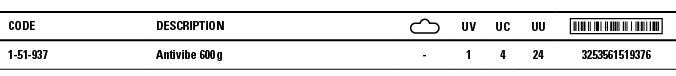 Code,Description, ,UV,UC,UU, ,1-51-937,Antivibe 600 g,-,1,4,24,3253561519376