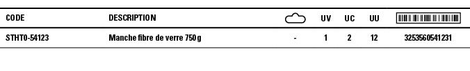 Code,Description, ,UV,UC,UU, ,STHT0-54123,Manche fibre de verre 750 g,-,1,2,12,3253560541231