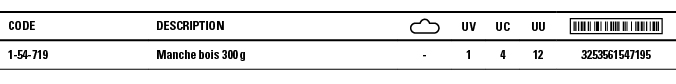 Code,Description, ,UV,UC,UU, ,1-54-719,Manche bois 300 g,-,1,4,12,3253561547195