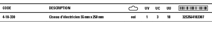 Code,Description, ,UV,UC,UU, ,4-18-330,Ciseau d'électricien 55 mm x 250 mm,oui,1,3,18,3253564183307