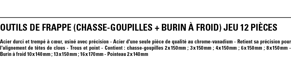 OUTILS DE FRAPPE (CHASSE-GOUPILLES + BURIN À FROID) JEU 12 PIÈCES Acier durci et trempé à cœur, usiné avec précision    