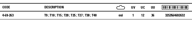 Code,Description, ,UV,UC,UU, ,4-69-263,T9 ; T10 ; T15 ; T20 ; T25 ; T27 ; T30 ; T40,oui,1,12,36,3253564692632