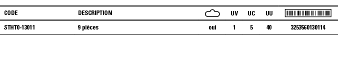 Code,Description, ,UV,UC,UU, ,STHT0-13011,9 pièces,oui,1,5,40,3253560130114