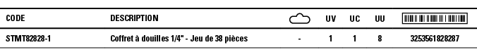 Code,Description, ,UV,UC,UU, ,STMT82828-1,Coffret à douilles 1 4   - Jeu de 38 pièces,-,1,1,8,3253561828287