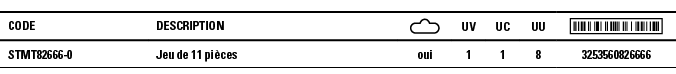 Code,Description, ,UV,UC,UU, ,STMT82666-0,Jeu de 11 pièces,oui,1,1,8,3253560826666
