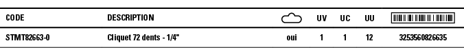 Code,Description, ,UV,UC,UU, ,STMT82663-0,Cliquet 72 dents - 1 4  ,oui,1,1,12,3253560826635