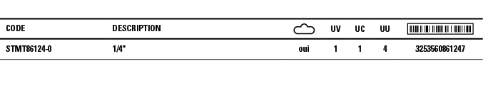 Code,Description, ,UV,UC,UU, ,STMT86124-0,1 4  ,oui,1,1,4,3253560861247