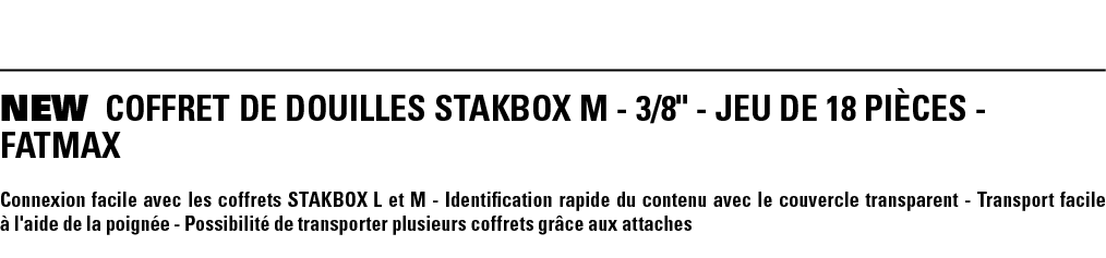 NEW COFFRET DE DOUILLES STAKBOX M - 3 8   - JEU DE 18 PIÈCES - FATMAX Connexion facile avec les coffrets STAKBOX L et   
